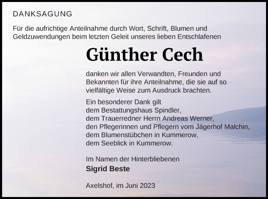 Traueranzeige von Günther Cech von Mecklenburger Schweiz