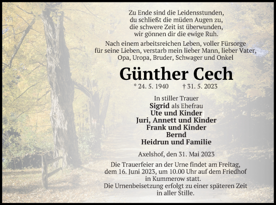 Traueranzeige von Günther Cech von Mecklenburger Schweiz