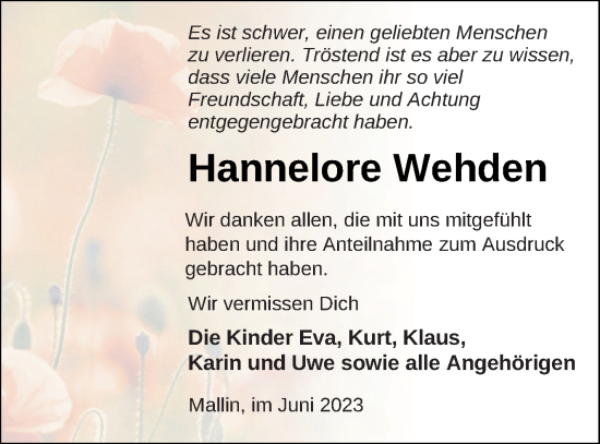 Traueranzeige von Hannelore Wehden von Müritz-Zeitung