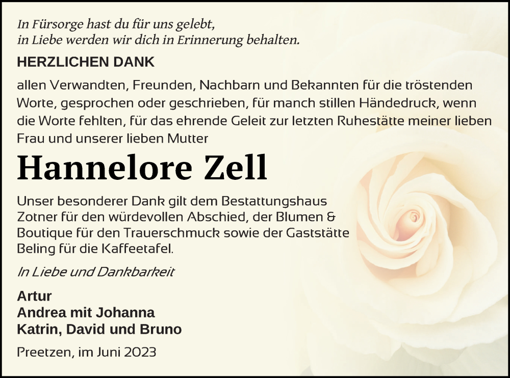  Traueranzeige für Hannelore Zell vom 10.06.2023 aus Vorpommern Kurier