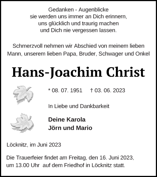 Traueranzeige von Hans-Joachim Christ von Pasewalker Zeitung