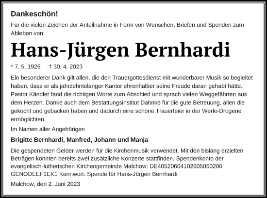 Traueranzeige von Hans-Jürgen Bernhardi von Müritz-Zeitung