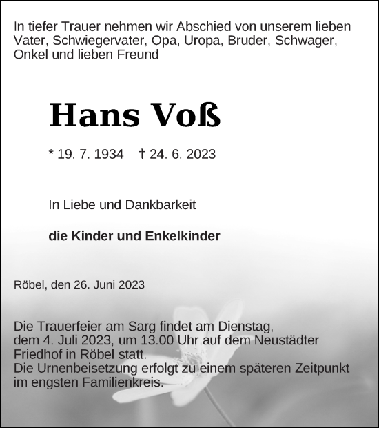 Traueranzeige von Hans Voß von Müritz-Zeitung