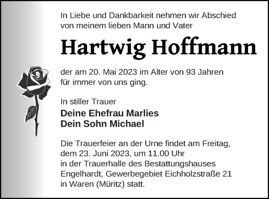 Traueranzeige von Hartwig Hoffmann von Müritz-Zeitung