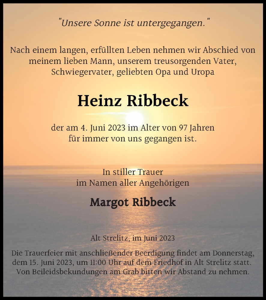  Traueranzeige für Heinz Ribbeck vom 10.06.2023 aus Strelitzer Zeitung