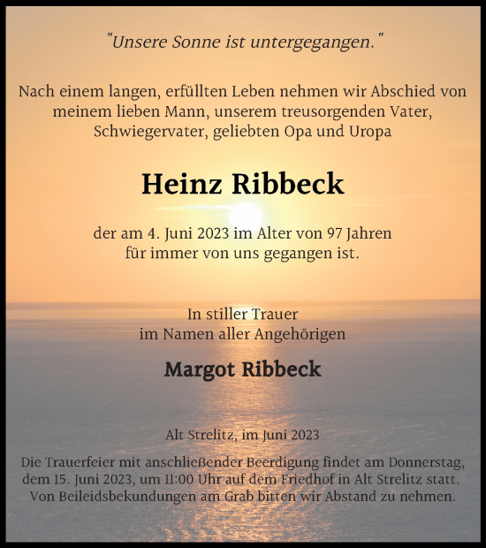 Traueranzeige von Heinz Ribbeck von Strelitzer Zeitung