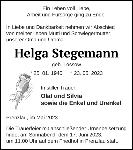 Traueranzeige von Helga Stegemann von Prenzlauer Zeitung