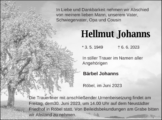 Traueranzeige von Hellmut Johanns von Müritz-Zeitung