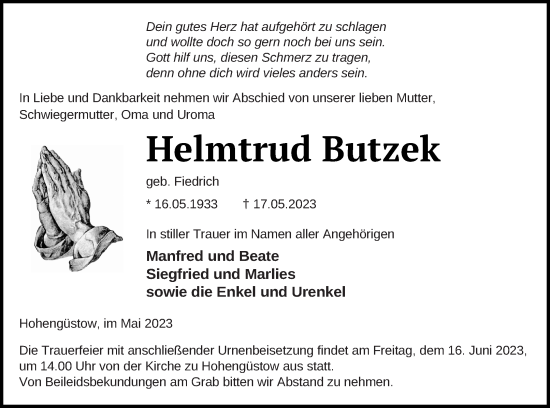 Traueranzeige von Helmtrud Butzek von Prenzlauer Zeitung