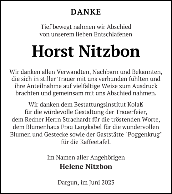 Traueranzeige von Horst Nitzbon von Mecklenburger Schweiz