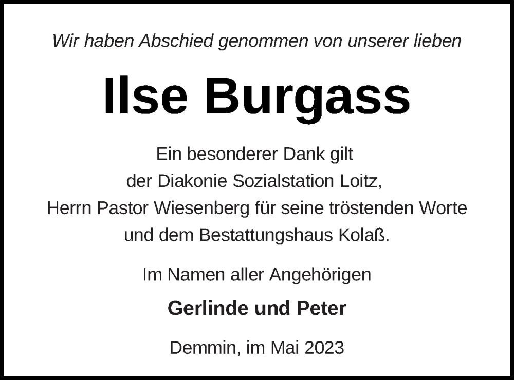  Traueranzeige für Ilse Burgass vom 02.06.2023 aus Demminer Zeitung