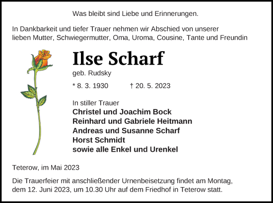 Traueranzeige von Ilse Scharf von Mecklenburger Schweiz