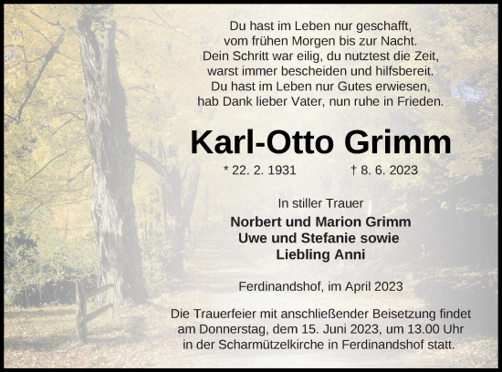 Traueranzeige von Karl-Otto Grimm von Haff-Zeitung