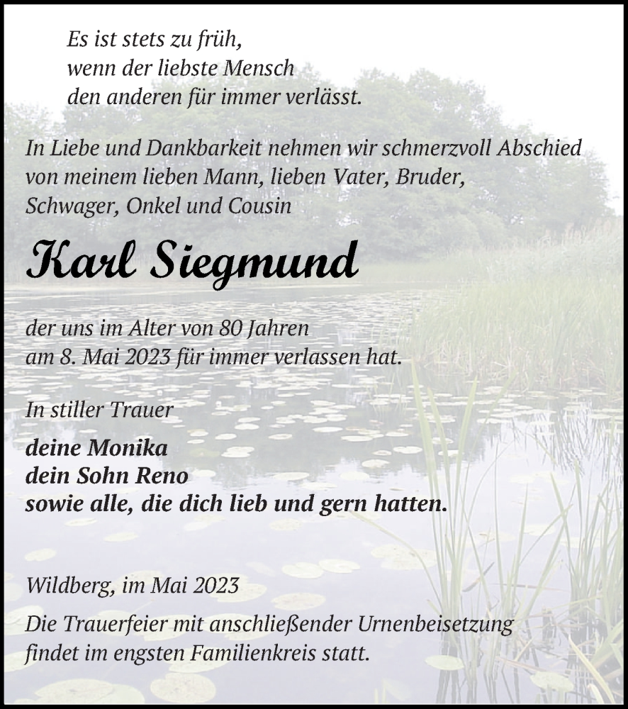  Traueranzeige für Karl Siegmund vom 02.06.2023 aus Neubrandenburger Zeitung