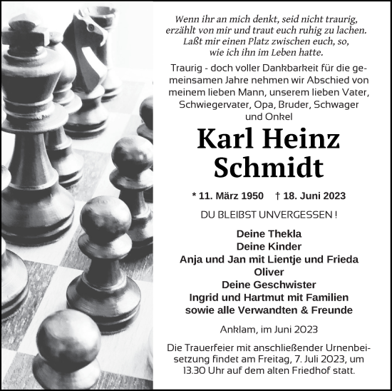 Traueranzeige von Karl Heinz Schmidt von Vorpommern Kurier