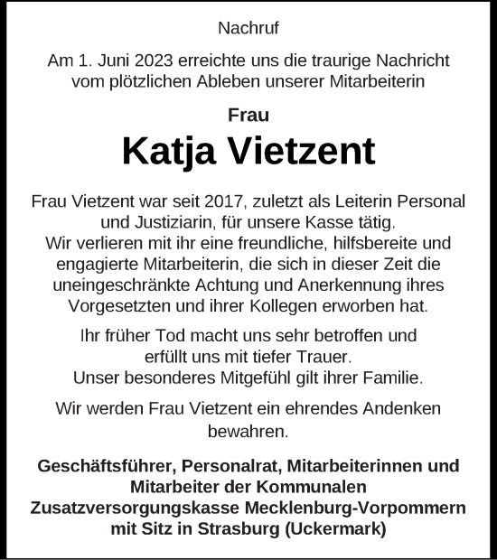 Traueranzeige von Katja Vietzent von Neubrandenburger Zeitung