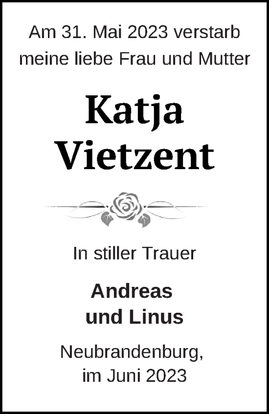 Traueranzeige von Katja Vietzent von Neubrandenburger Zeitung