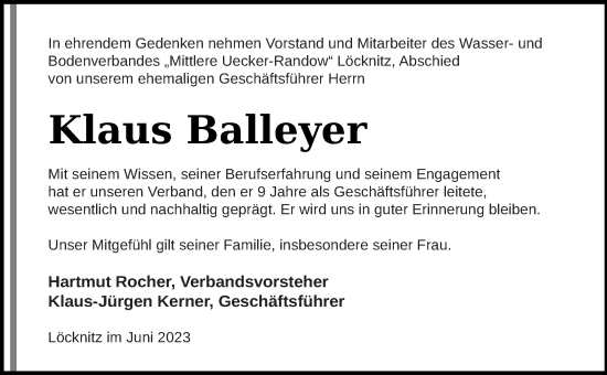 Traueranzeige von Klaus Balleyer von Pasewalker Zeitung