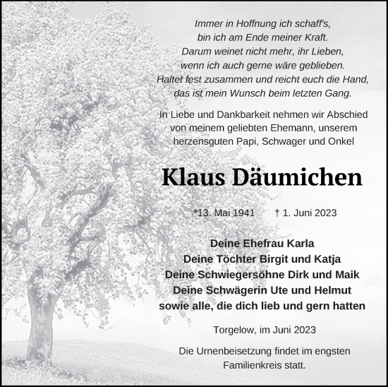 Traueranzeige von Klaus Däumichen von Haff-Zeitung