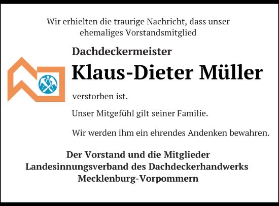 Traueranzeige von Klaus-Dieter Müller von Müritz-Zeitung