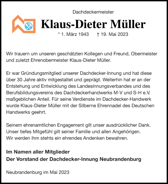 Traueranzeige von Klaus-Dieter Müller von Vorpommern Kurier