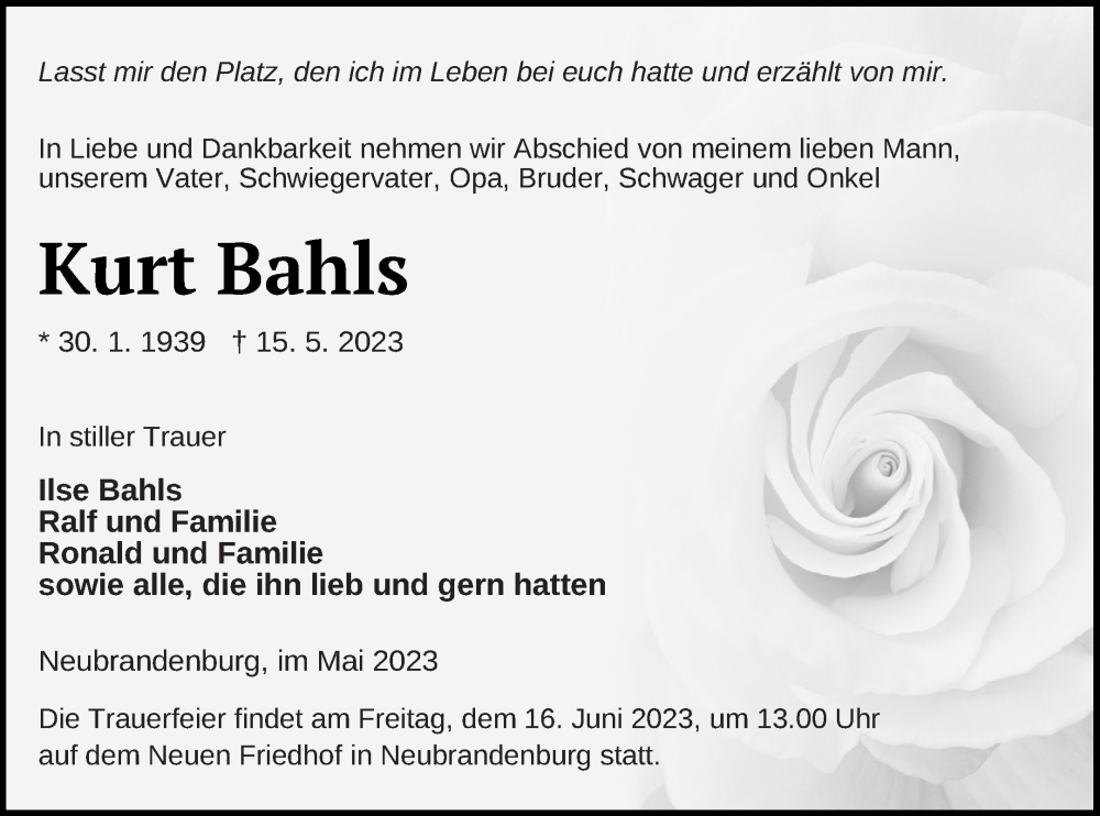  Traueranzeige für Kurt Bahls vom 02.06.2023 aus Neubrandenburger Zeitung