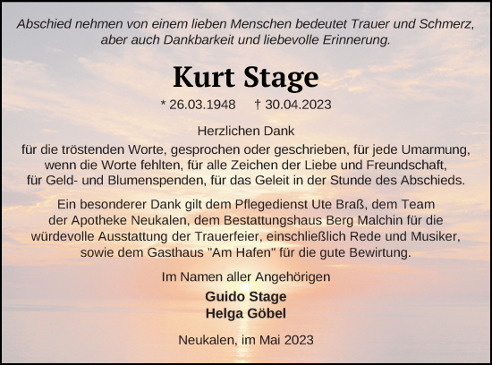 Traueranzeige von Kurt Stage von Mecklenburger Schweiz