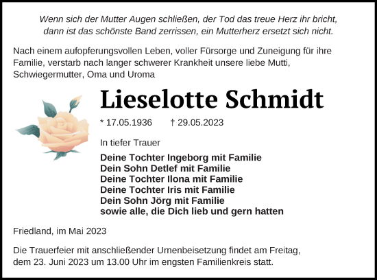 Traueranzeige von Lieselotte Schmidt von Neubrandenburger Zeitung