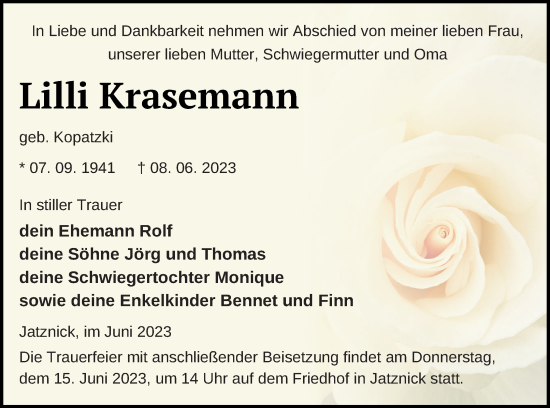 Traueranzeige von Lilli Krasemann von Pasewalker Zeitung