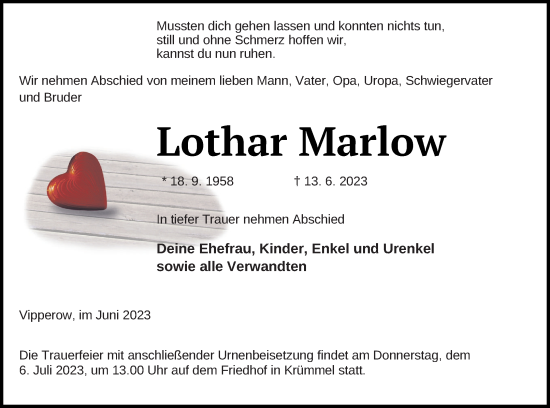 Traueranzeige von Lothar Marlow von Müritz-Zeitung