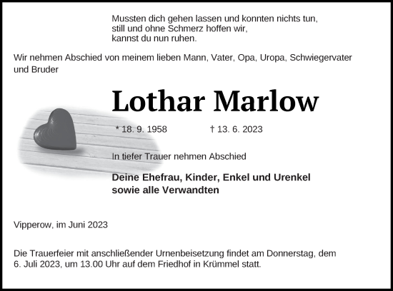 Traueranzeige von Lothar Marlow von Müritz-Zeitung