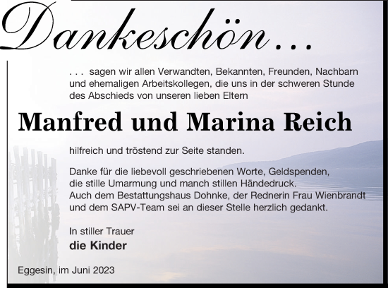 Traueranzeige von Manfred Reich von Haff-Zeitung