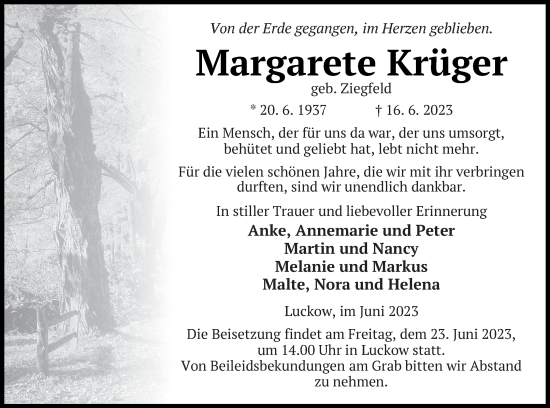 Traueranzeige von Margarete Krüger von Haff-Zeitung