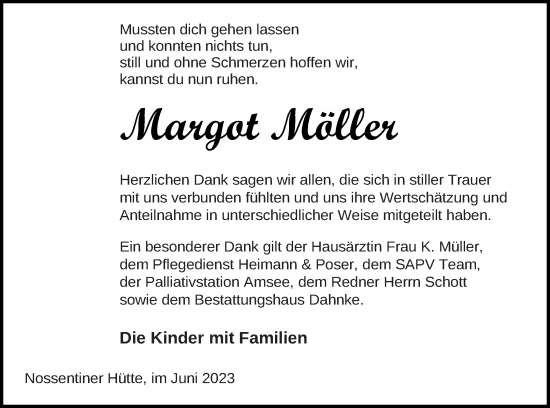 Traueranzeige von Margot Möller von Müritz-Zeitung