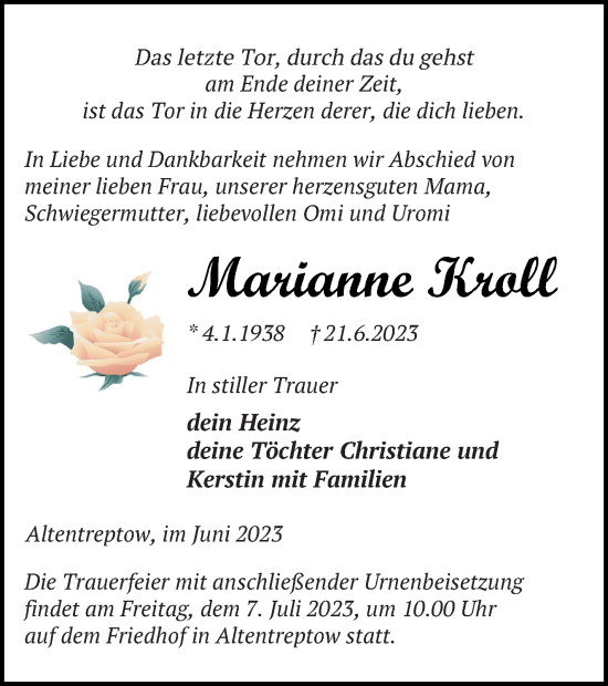 Traueranzeige von Marianne Kroll von Neubrandenburger Zeitung