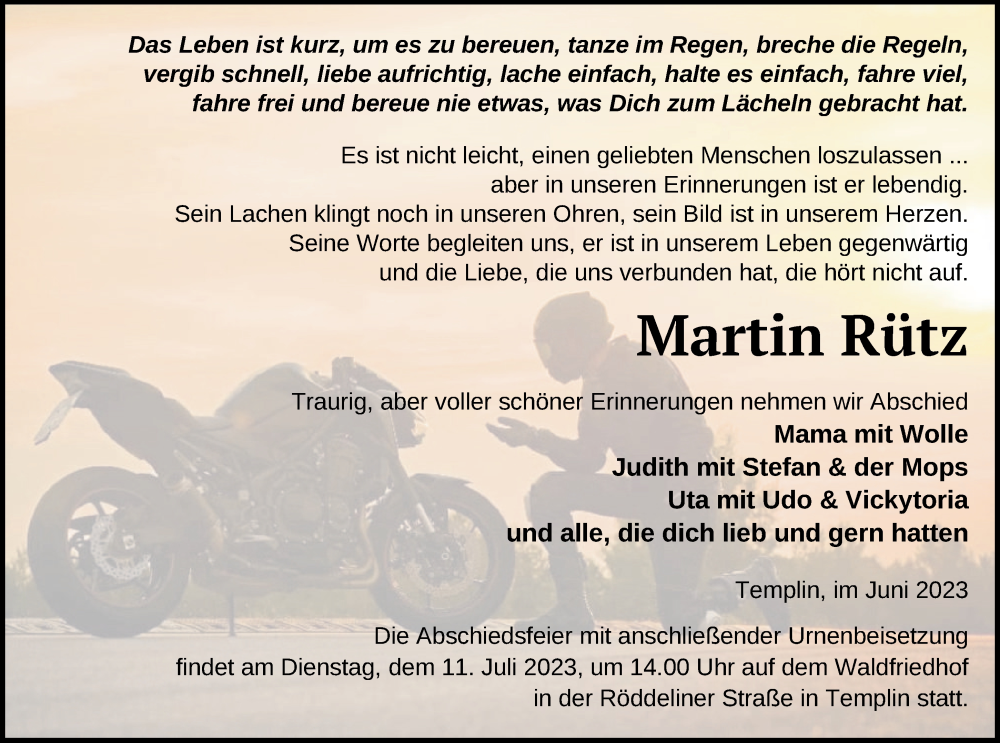  Traueranzeige für Martin Rütz vom 27.06.2023 aus Templiner Zeitung