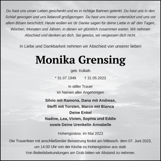 Traueranzeige von Monika Grensing von Prenzlauer Zeitung