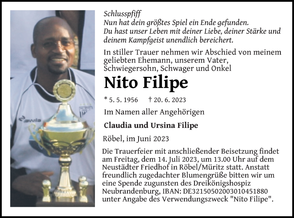  Traueranzeige für Nito Filipe vom 28.06.2023 aus Müritz-Zeitung