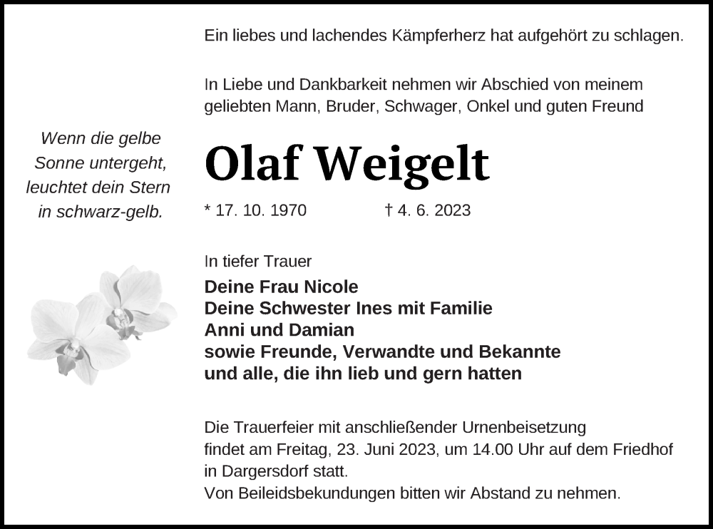  Traueranzeige für Olaf Weigelt vom 10.06.2023 aus Templiner Zeitung