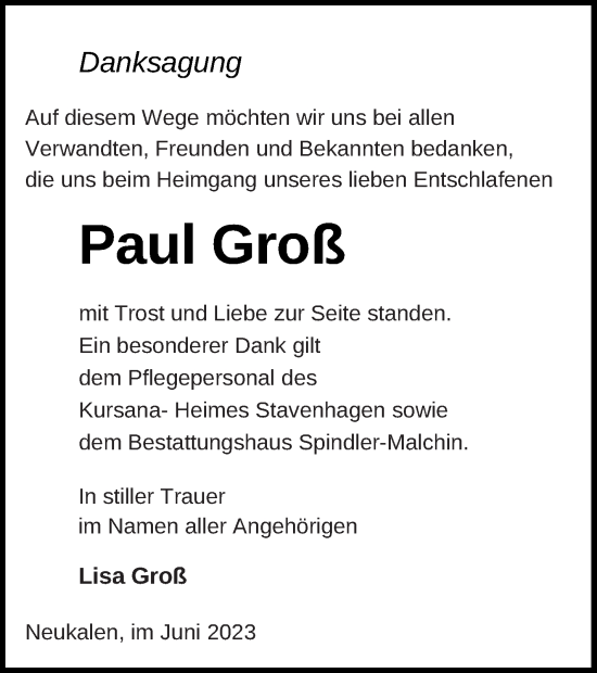 Traueranzeige von Paul Groß von Mecklenburger Schweiz