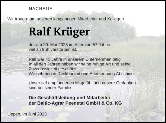 Traueranzeige von Ralf Krüger von Vorpommern Kurier