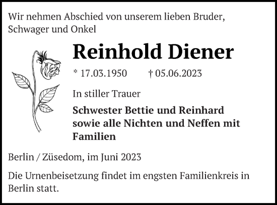 Traueranzeige von Reinhold Diener von Pasewalker Zeitung