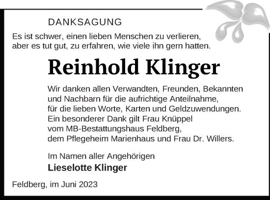 Traueranzeige von Reinhold Klinger von Strelitzer Zeitung