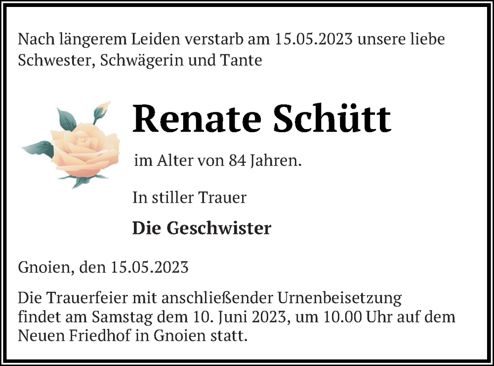  Traueranzeige für Renate Schütt vom 02.06.2023 aus Mecklenburger Schweiz