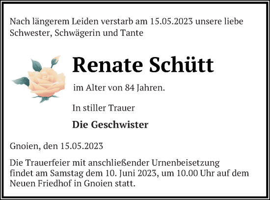 Traueranzeige von Renate Schütt von Mecklenburger Schweiz