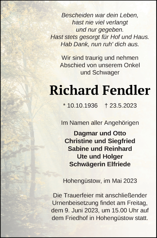 Traueranzeige von Richard Fendler von Prenzlauer Zeitung