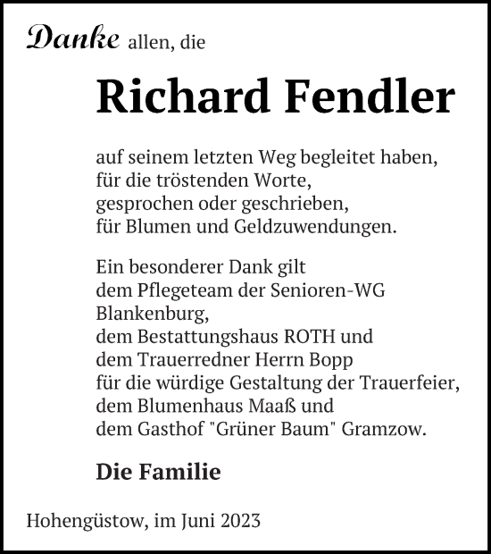 Traueranzeige von Richard Fendler von Prenzlauer Zeitung