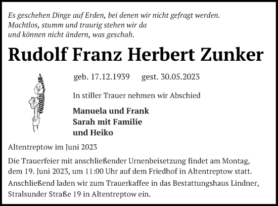 Traueranzeige von Rudolf Franz Herbert Zunker von Neubrandenburger Zeitung