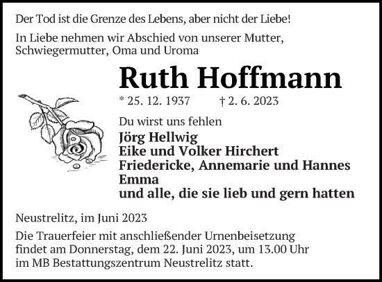 Traueranzeige von Ruth Hoffmann von Strelitzer Zeitung