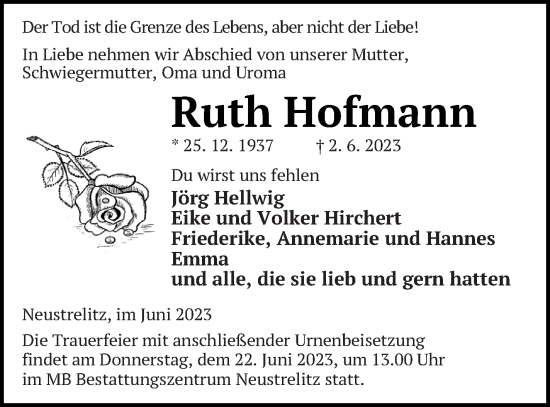 Traueranzeige von Ruth Hofmann von Strelitzer Zeitung